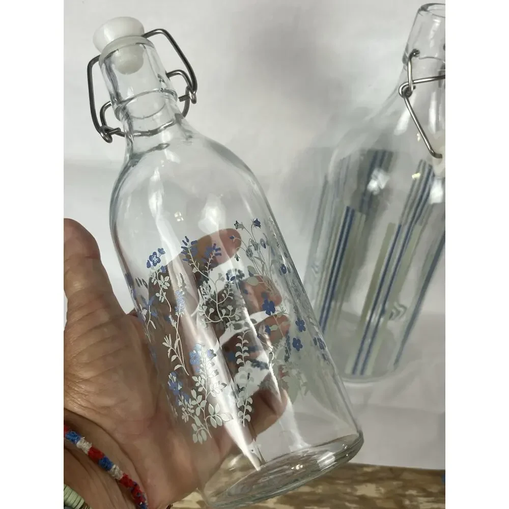 Set Of 2 Retired IKEA KORKEN Glass Bottles w/ Stopper Blue Green Floral Stripes